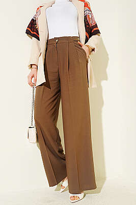 Çift Pileli Düğmeli Kumaş Pantolon Vizon - WENNA DESIGN