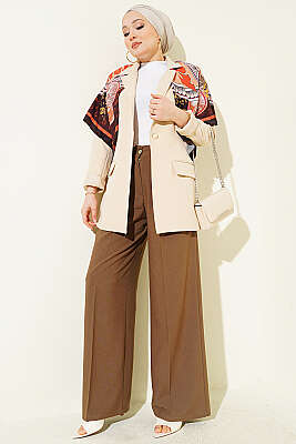 Çift Pileli Düğmeli Kumaş Pantolon Vizon - Pantolon