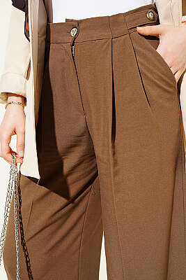 Çift Pileli Düğmeli Kumaş Pantolon Vizon - Pantolon