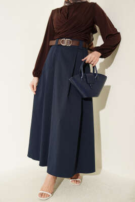 Çift Pileli Kemerli Etek Lacivert - ALİ AKKAYA
