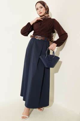 Çift Pileli Kemerli Etek Lacivert - Etek