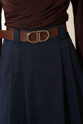 Çift Pileli Kemerli Etek Lacivert - Etek