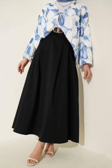 Çift Pileli Kemerli Etek Siyah - Etek