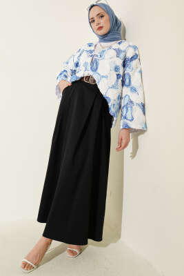 Çift Pileli Kemerli Etek Siyah - Etek