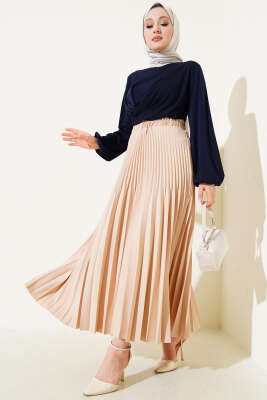 Çift Piliseli Bel Lastikli Etek Bej - Uzun Etek