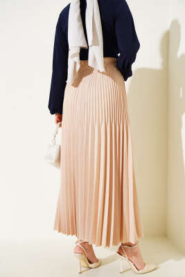 Çift Piliseli Bel Lastikli Etek Bej - Uzun Etek