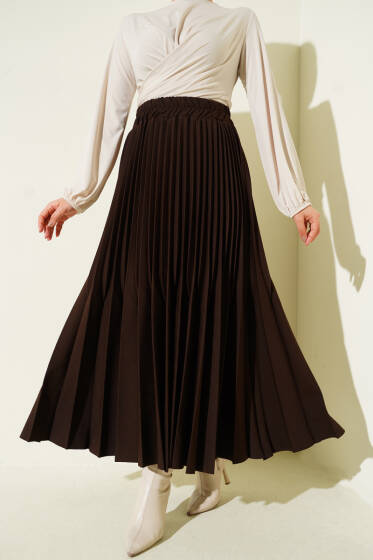 Çift Piliseli Bel Lastikli Etek Kahve - Etek