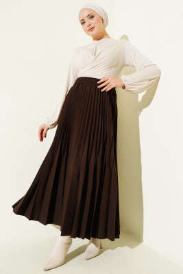 Çift Piliseli Bel Lastikli Etek Kahve - Etek