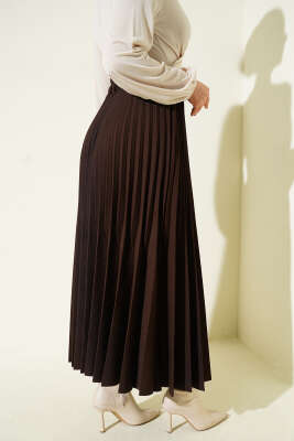 Çift Piliseli Bel Lastikli Etek Kahve - Etek