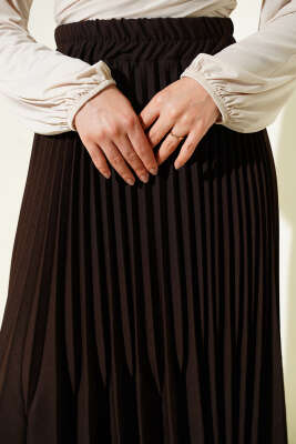 Çift Piliseli Bel Lastikli Etek Kahve - Etek