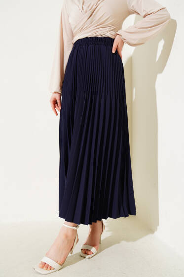 Çift Piliseli Bel Lastikli Etek Lacivert - Etek