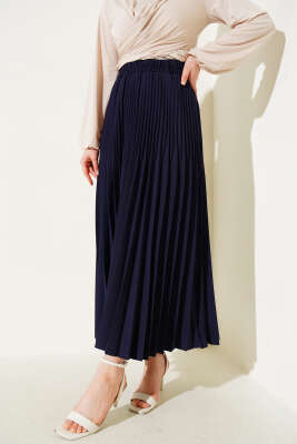 Çift Piliseli Bel Lastikli Etek Lacivert 