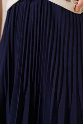 Çift Piliseli Bel Lastikli Etek Lacivert - Uzun Etek