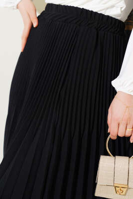 Çift Piliseli Bel Lastikli Etek Siyah - Uzun Etek