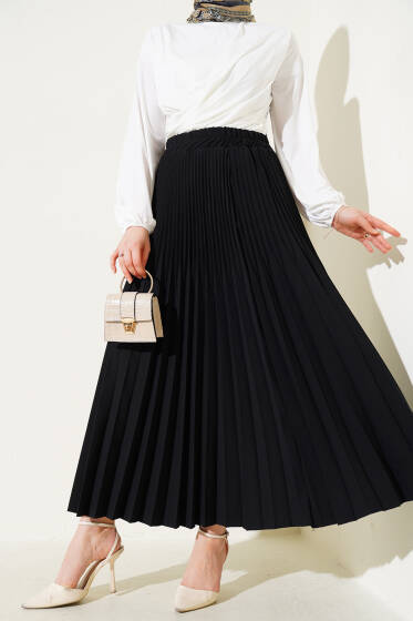 Çift Piliseli Bel Lastikli Etek Siyah - Uzun Etek