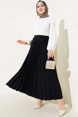 Çift Piliseli Bel Lastikli Etek Siyah - Uzun Etek