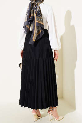 Çift Piliseli Bel Lastikli Etek Siyah - Uzun Etek