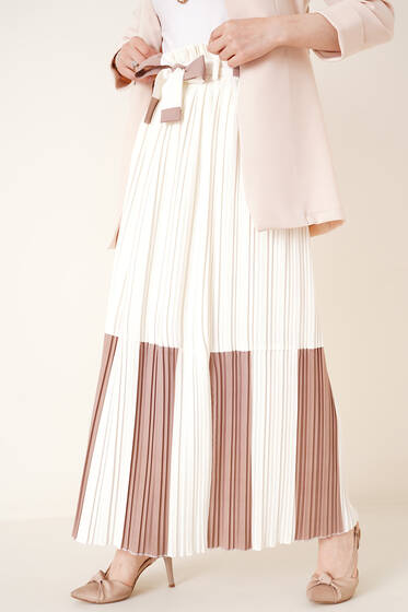 Çift Renk Detaylı Piliseli Etek Ekru - Uzun Etek