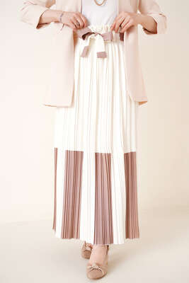 Çift Renk Detaylı Piliseli Etek Ekru - Uzun Etek