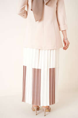 Çift Renk Detaylı Piliseli Etek Ekru - Uzun Etek