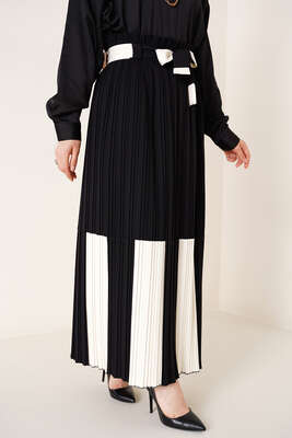 Çift Renk Detaylı Piliseli Etek Siyah - Uzun Etek