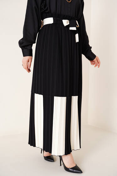 Çift Renk Detaylı Piliseli Etek Siyah - Uzun Etek