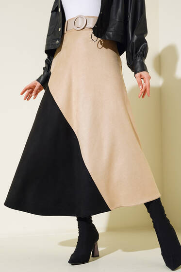 Çift Renk Süet Etek Bej Siyah - Uzun Etek