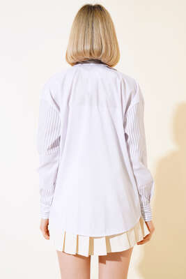 Çift Renkli Çizgili Gömlek Bej - Kadın Giyim Modelleri