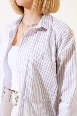 Çift Renkli Çizgili Gömlek Bej - Kadın Giyim Modelleri