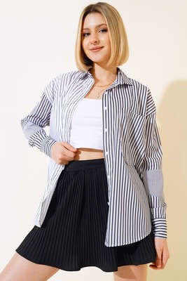 Çift Renkli Çizgili Gömlek Siyah - Kadın Giyim Modelleri