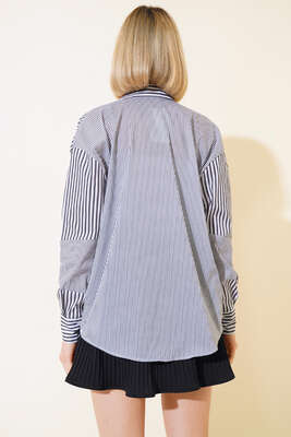 Çift Renkli Çizgili Gömlek Siyah - Kadın Giyim Modelleri