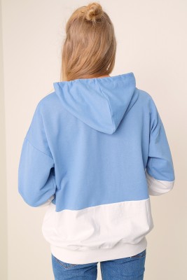 Çift Renkli Kapüşonlu Mavi Sweatshirt - Kadın Giyim Modelleri