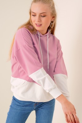 Çift Renkli Kapüşonlu Pudra Sweatshirt 