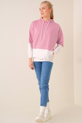 Çift Renkli Kapüşonlu Pudra Sweatshirt - Kadın Giyim Modelleri
