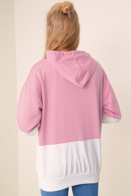 Çift Renkli Kapüşonlu Pudra Sweatshirt - Kadın Giyim Modelleri