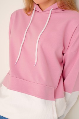 Çift Renkli Kapüşonlu Pudra Sweatshirt - Kadın Giyim Modelleri
