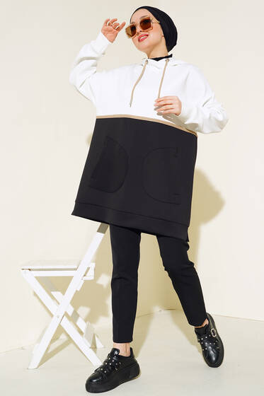 Çift Renkli Kapüşonlu Tunik Siyah - Tunik