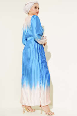 Çift Renkli Piliseli Saten Elbise İndigo - Tesettür Elbise