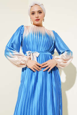 Çift Renkli Piliseli Saten Elbise İndigo - Tesettür Elbise