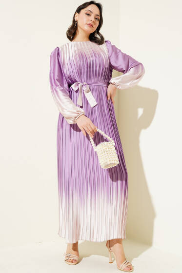 Çift Renkli Piliseli Saten Elbise Lila - Tesettür Elbise