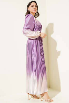 Çift Renkli Piliseli Saten Elbise Lila - Tesettür Elbise