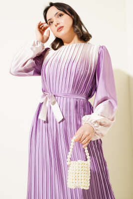 Çift Renkli Piliseli Saten Elbise Lila - Tesettür Elbise