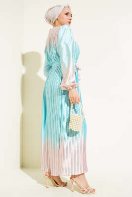 Çift Renkli Piliseli Saten Elbise Mint - Tesettür Elbise