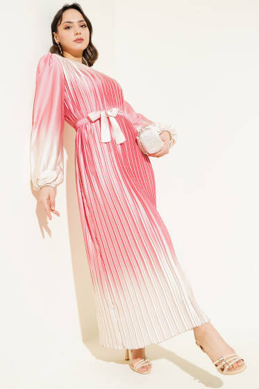 Çift Renkli Piliseli Saten Elbise Pudra - Elbise