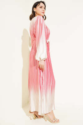 Çift Renkli Piliseli Saten Elbise Pudra - Tesettür Elbise