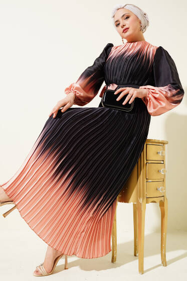 Çift Renkli Piliseli Saten Elbise Siyah - Elbise