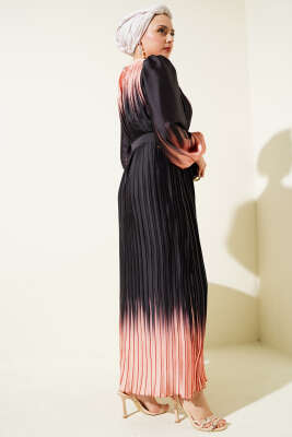 Çift Renkli Piliseli Saten Elbise Siyah - Tesettür Elbise