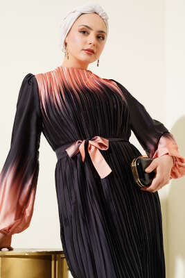 Çift Renkli Piliseli Saten Elbise Siyah - Tesettür Elbise