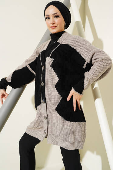 Çift Renkli Salaş Triko Hırka Bej Siyah - Hırka