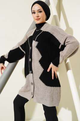 Çift Renkli Salaş Triko Hırka Bej Siyah - Triko Hırka